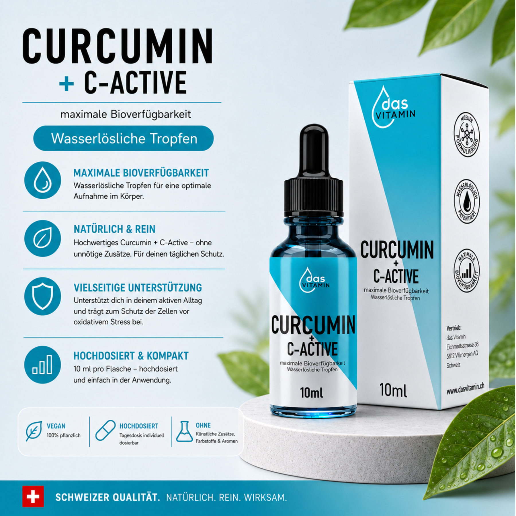 Curcumin mit Vitamin C als flüssige Nahrungsergänzung – unterstützt die normale Funktion des Immunsystems und den Energiestoffwechsel.