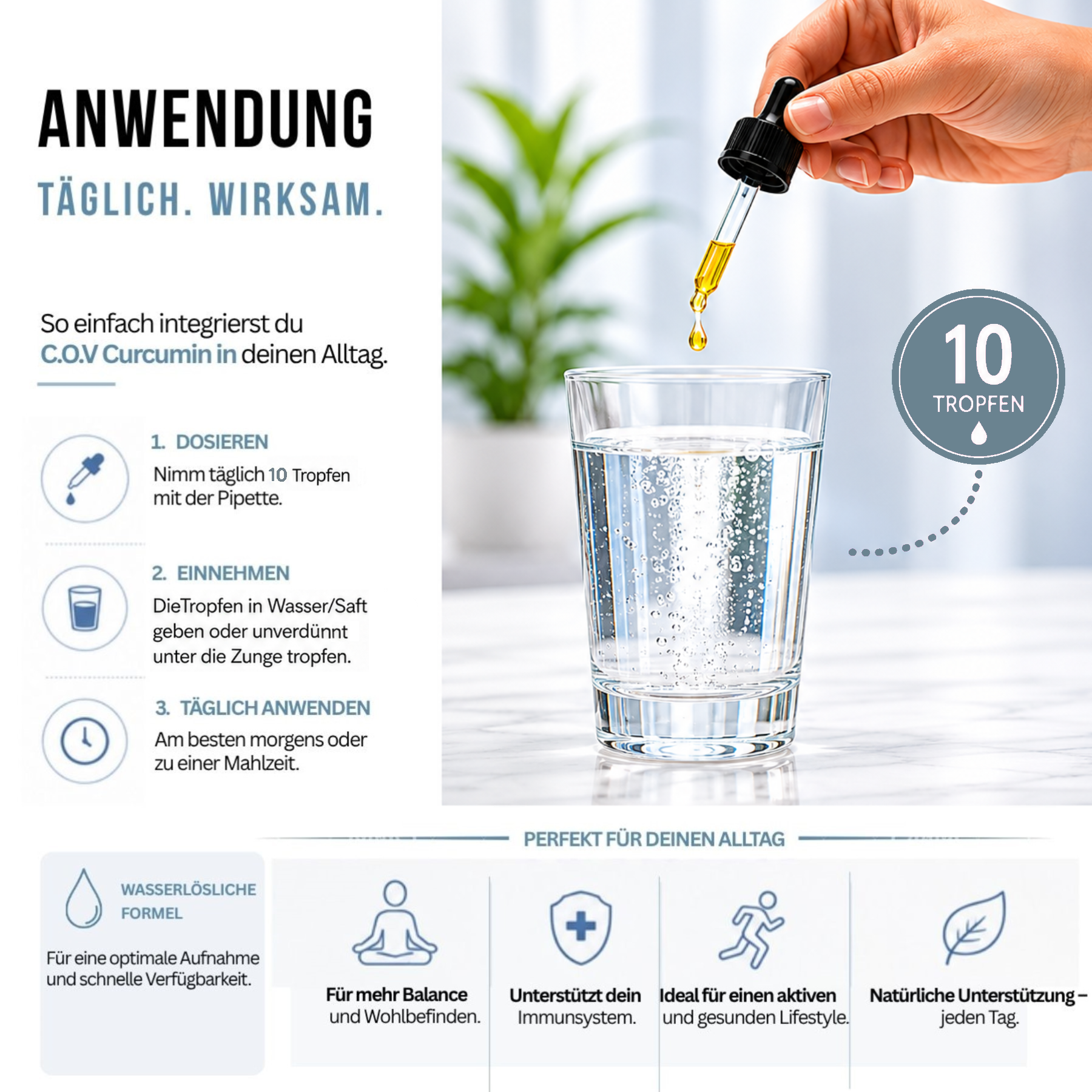 Premium Curcumin Tropfen mit Kurkuma-Extrakt in Braunglasflasche für die tägliche Ergänzung einer ausgewogenen Ernährung.