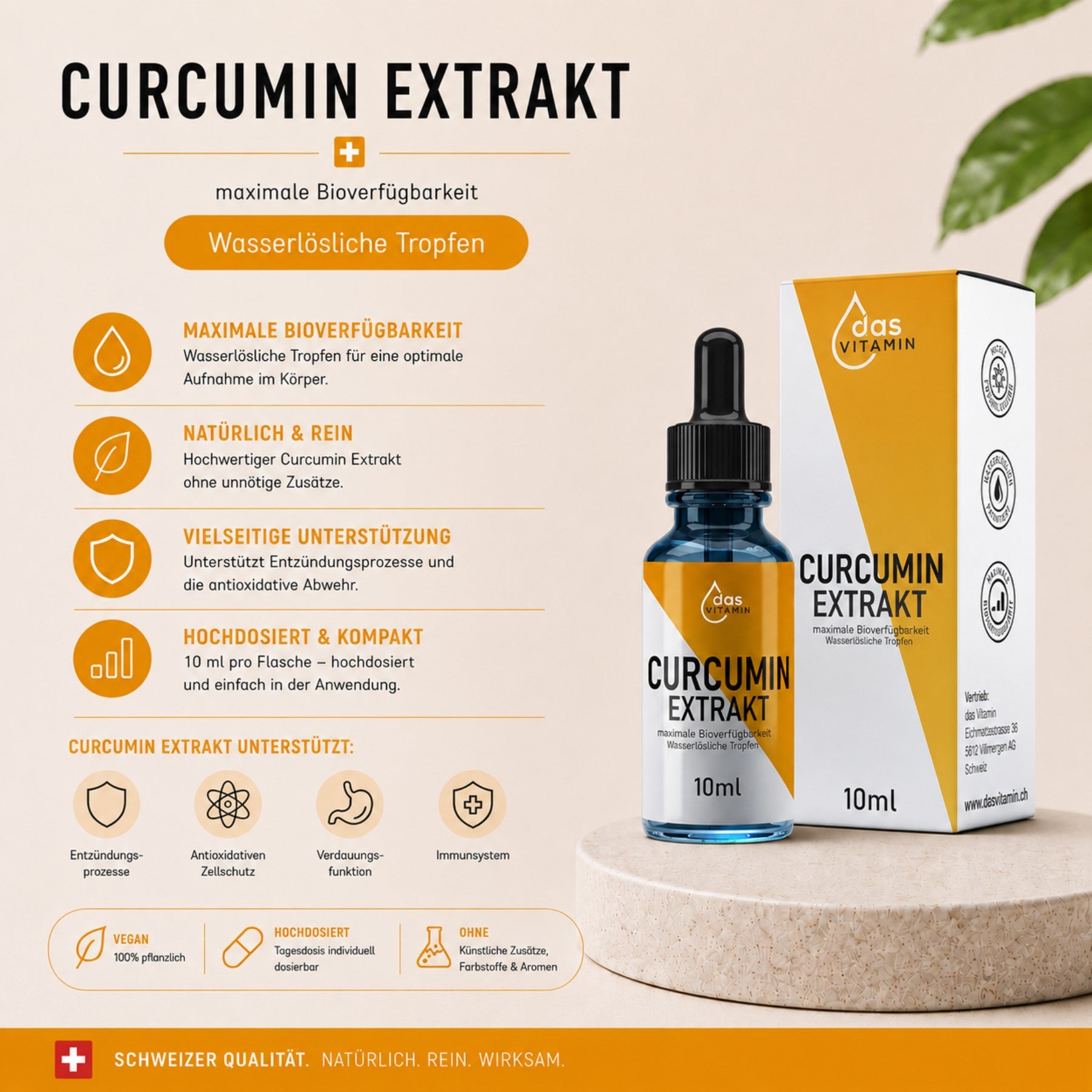 Curcumin Tropfen in hochwertiger Glasflasche mit Pipette für die tägliche Nahrungsergänzung in der Schweiz.