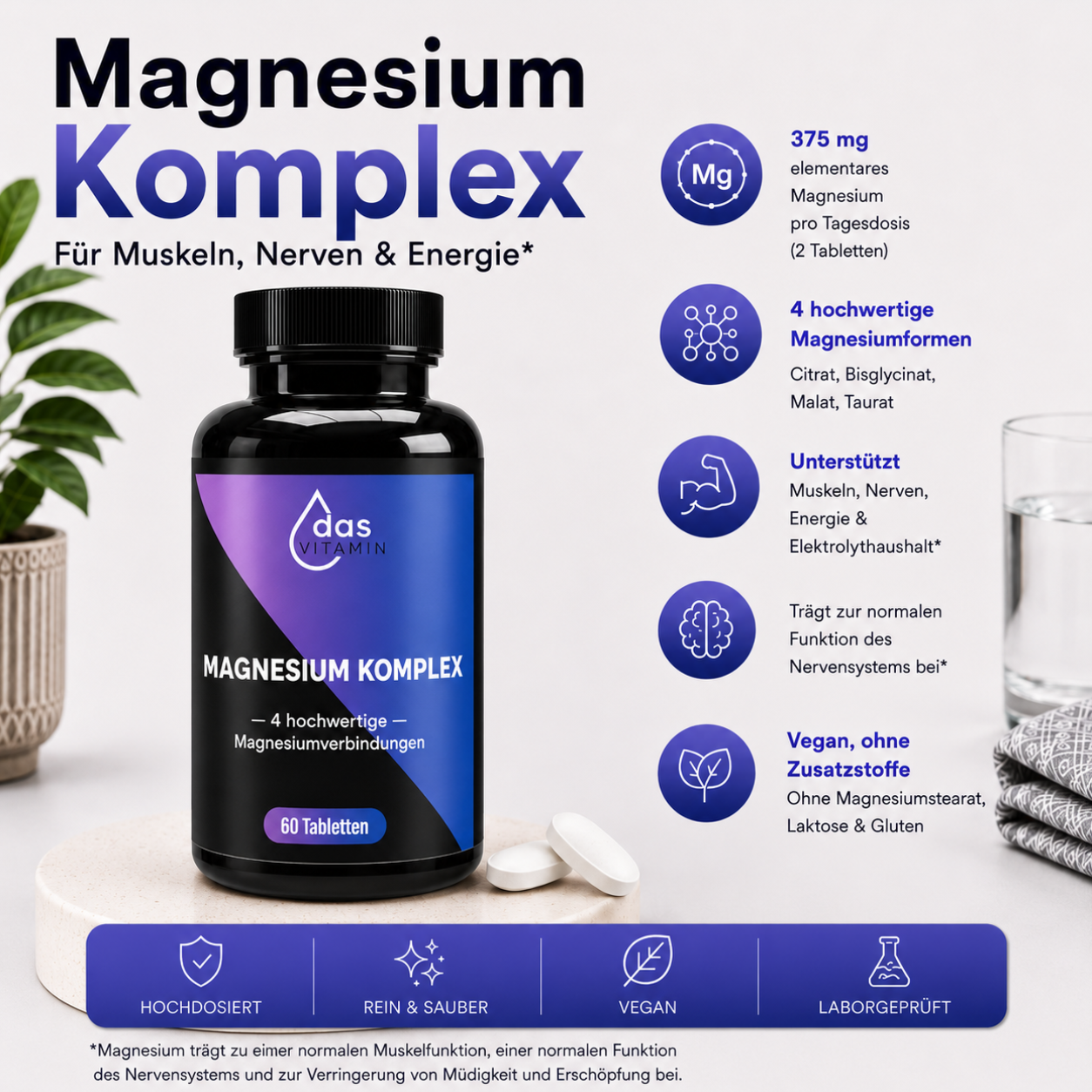 Magnesium 4-fach Komplex 375 mg Tabletten | Hochdosiert & Vegan.