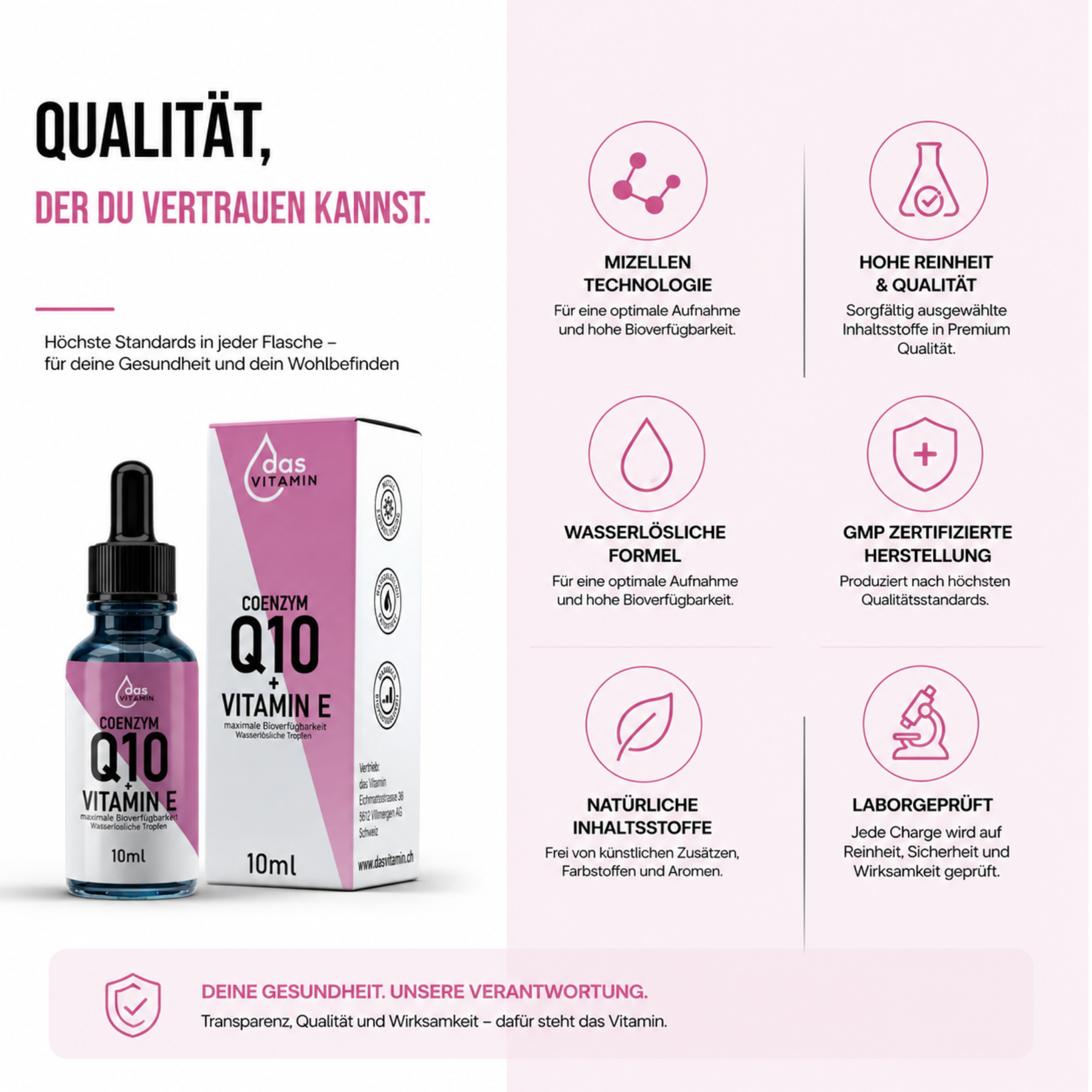Flüssige Coenzym Q10 und Vitamin E Tropfen für eine einfache und präzise Dosierung im Alltag.