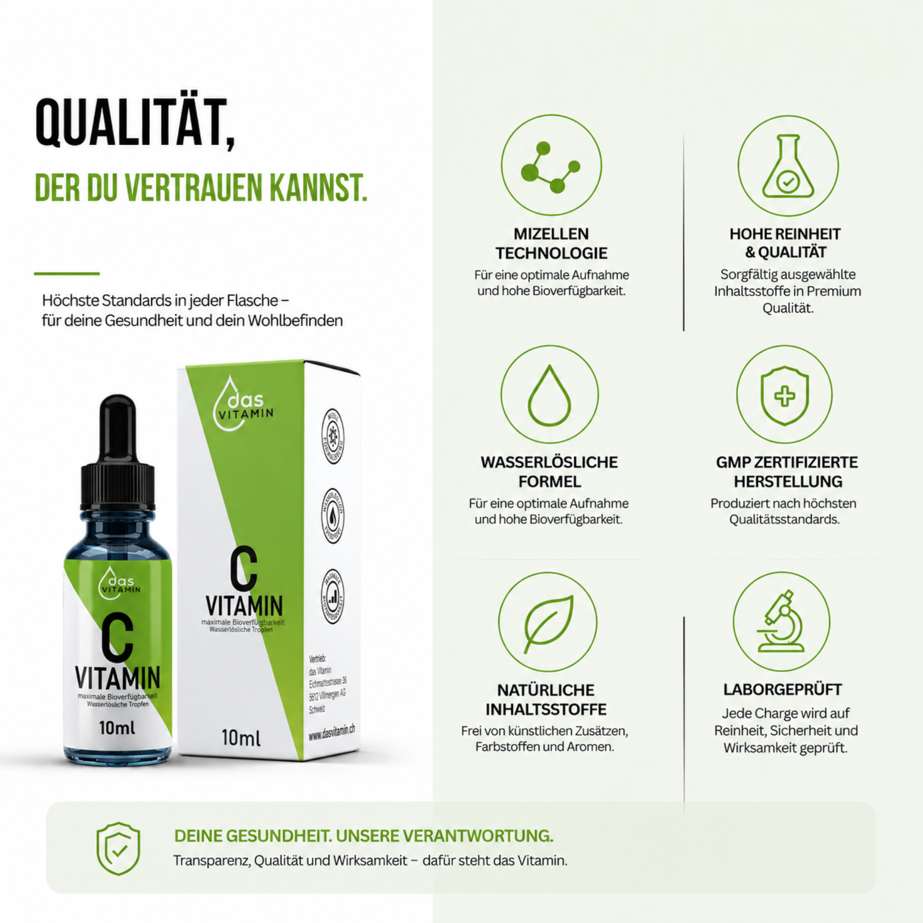 Vitamin C Tropfen in hochwertiger Glasflasche mit Pipette für die tägliche Nahrungsergänzung in der Schweiz.