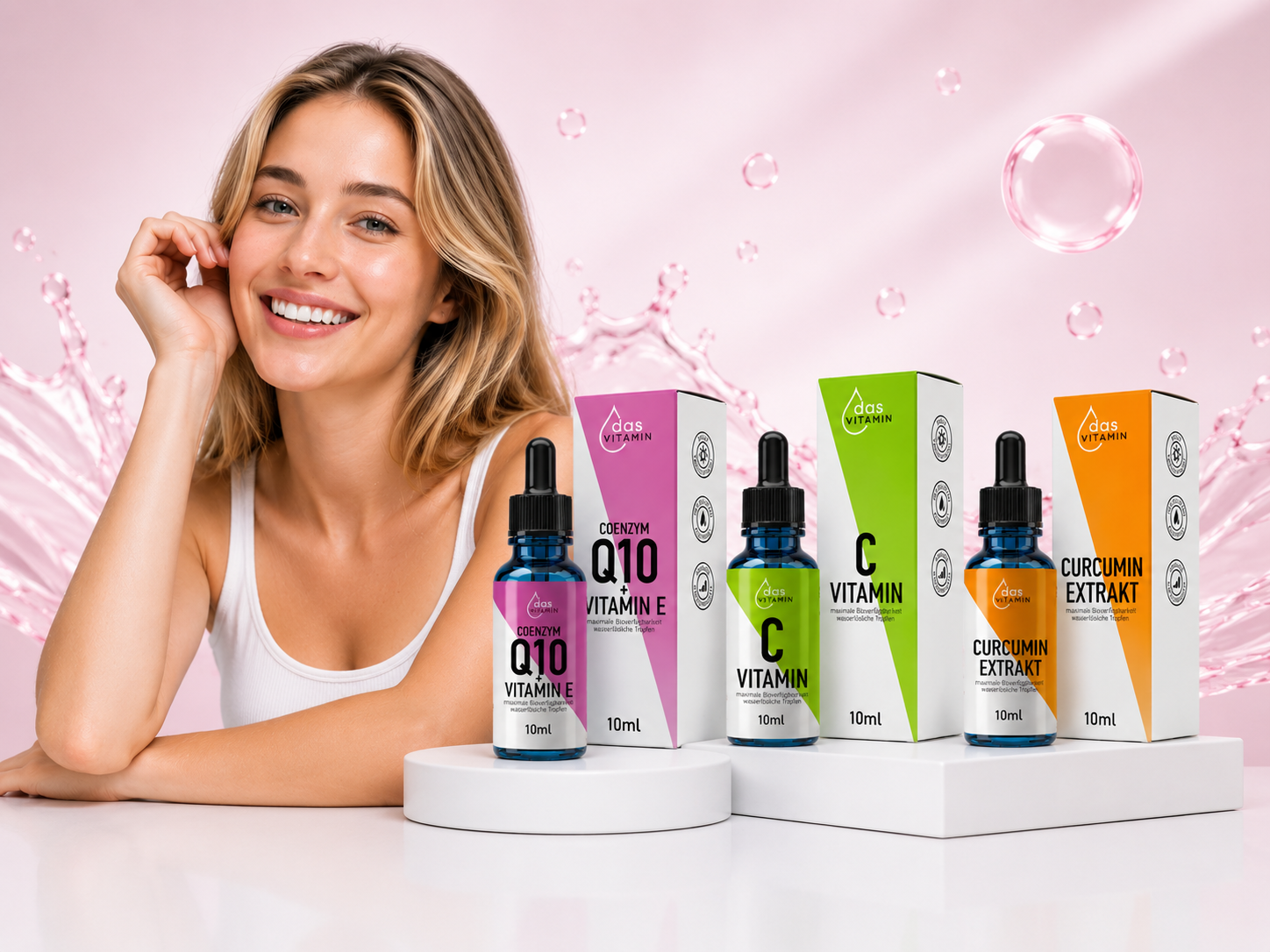 Vitamin D3 + K2 Tropfen 10 ml von das Vitamin mit lächelnder junger europäischer Frau. Wasserlösliche Vitamin-Tropfen für Immunsystem, Knochen und Muskeln – Schweiz.