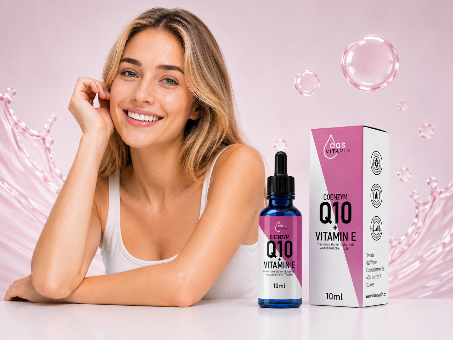 Vitamin D3 + K2 Tropfen 10 ml von das Vitamin mit junger europäischer Frau – wasserlösliche Vitamin D3 K2 Tropfen für das Immunsystem, Knochen und Muskeln, erhältlich in der Schweiz.