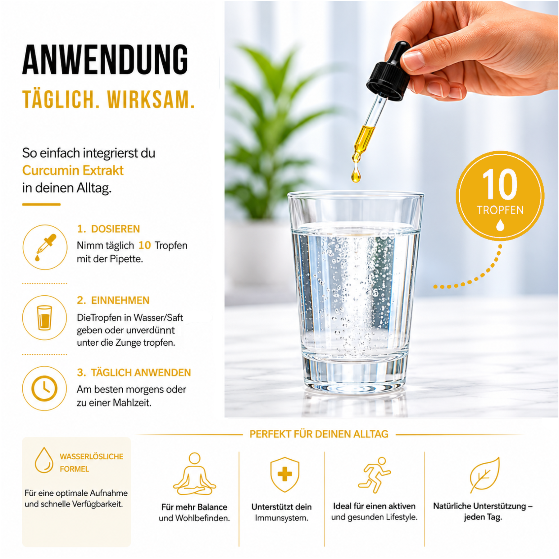 Premium Curcumin Tropfen mit Kurkuma-Extrakt in Braunglasflasche für die tägliche Ergänzung einer ausgewogenen Ernährung.