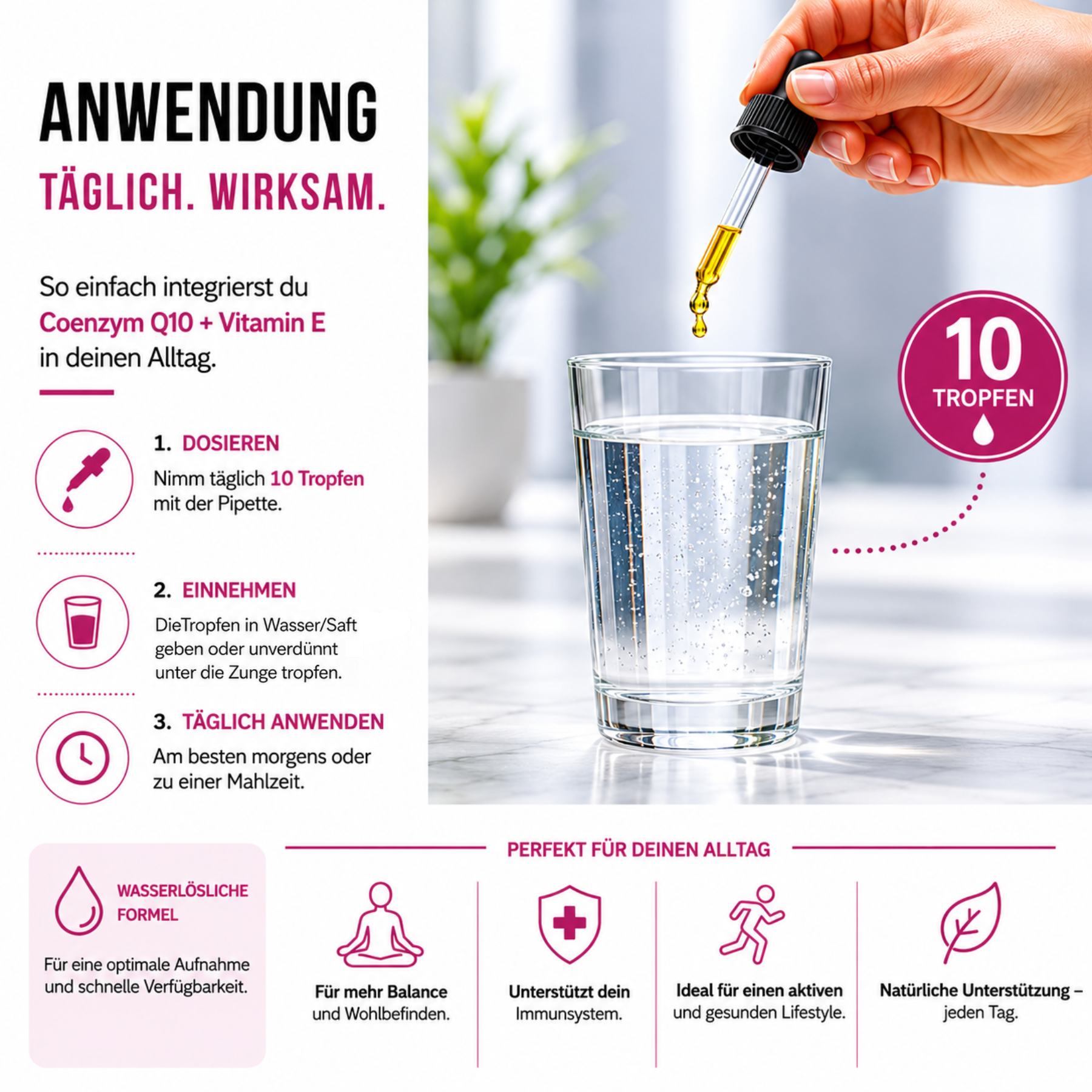 Coenzym Q10 und Vitamin E ergänzen sich ideal zur Unterstützung antioxidativer Zellfunktionen im Körper.