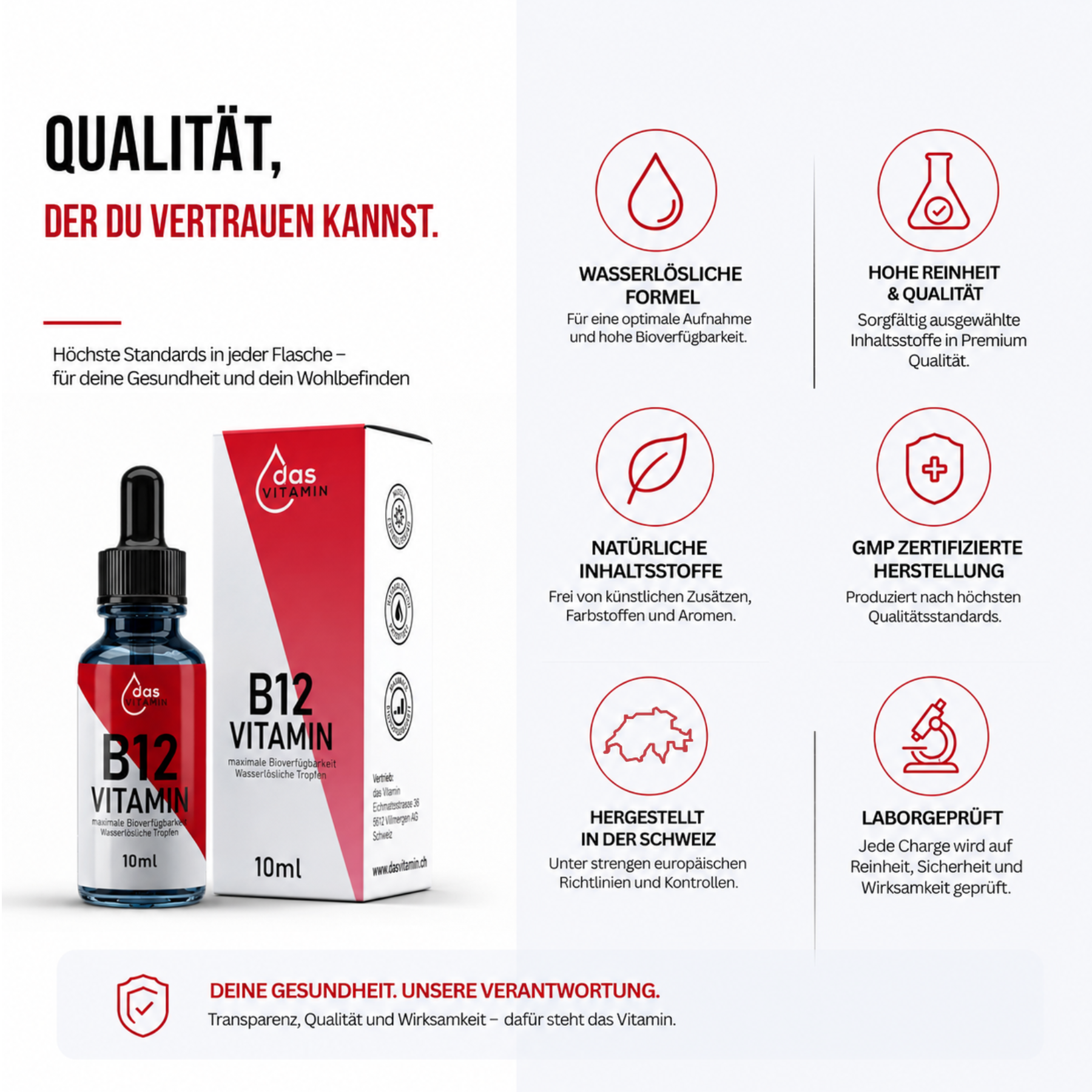 Vitamin B12 Tropfen in hochwertiger Braunglasflasche mit Pipette für die tägliche Nahrungsergänzung in der Schweiz.