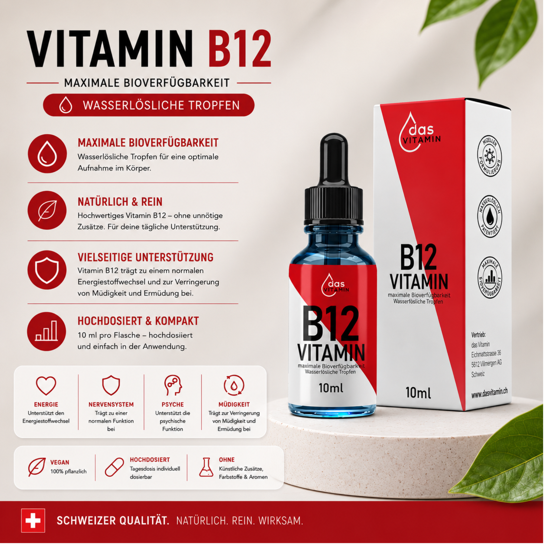 Flüssiges Vitamin B12 zur Unterstützung des Energiestoffwechsels und der normalen Funktion des Nervensystems.
