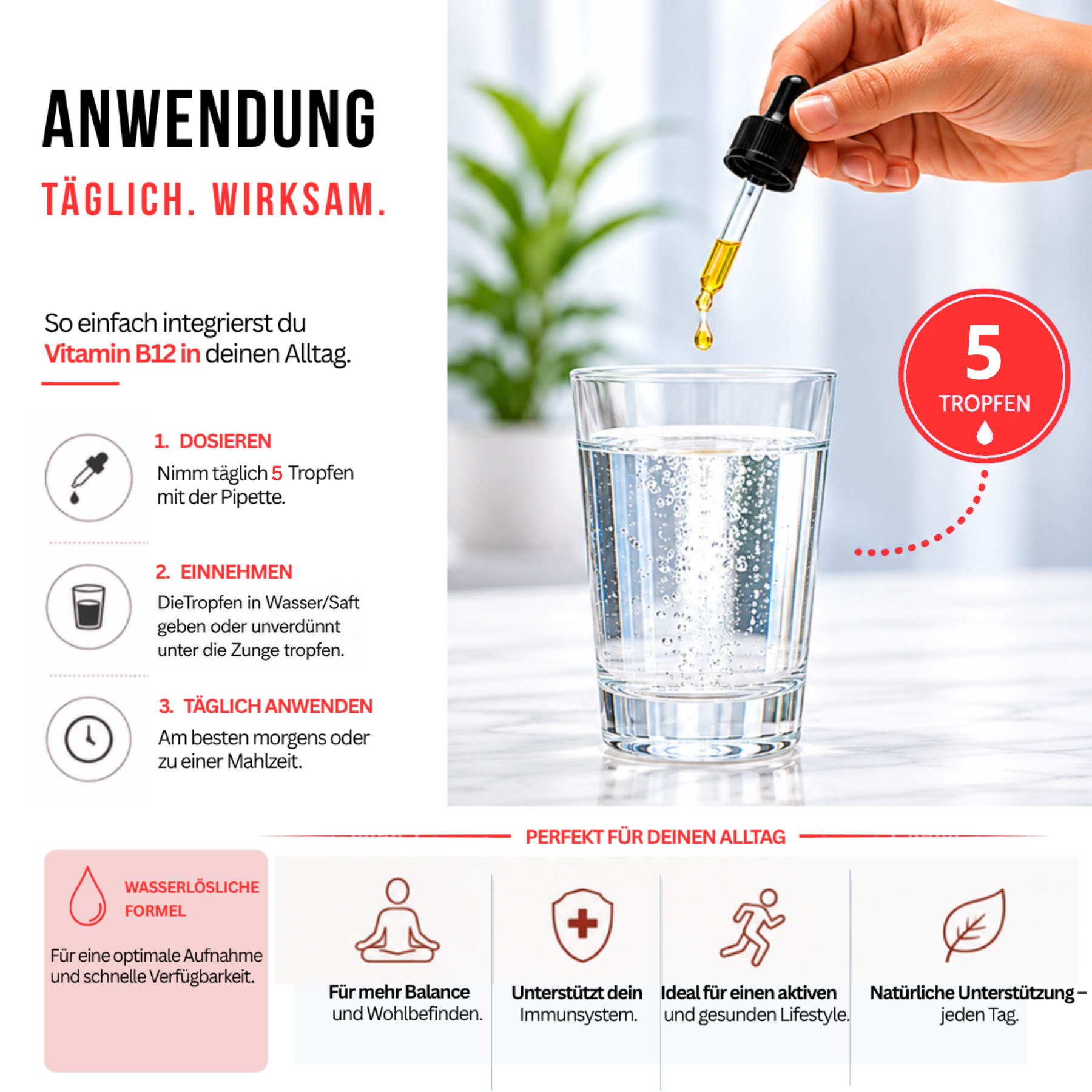 Premium Vitamin B12 Tropfen in Schweizer Qualität für Energie, Konzentration und Wohlbefinden im Alltag.