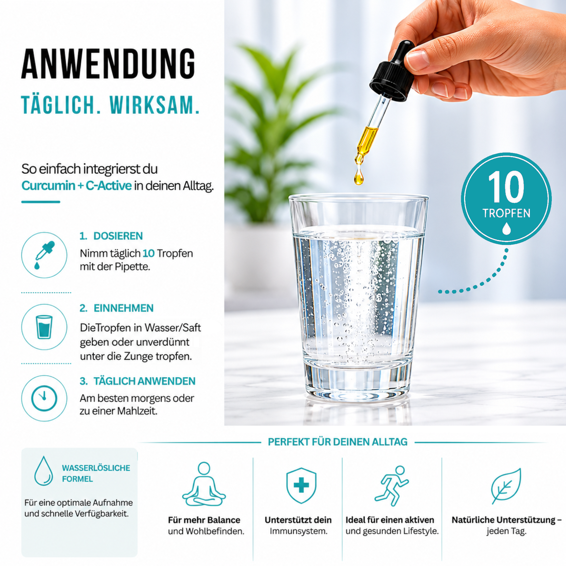 Hochwertige Curcumin- und Vitamin-C-Tropfen in praktischer Dosierung für eine einfache tägliche Anwendung.