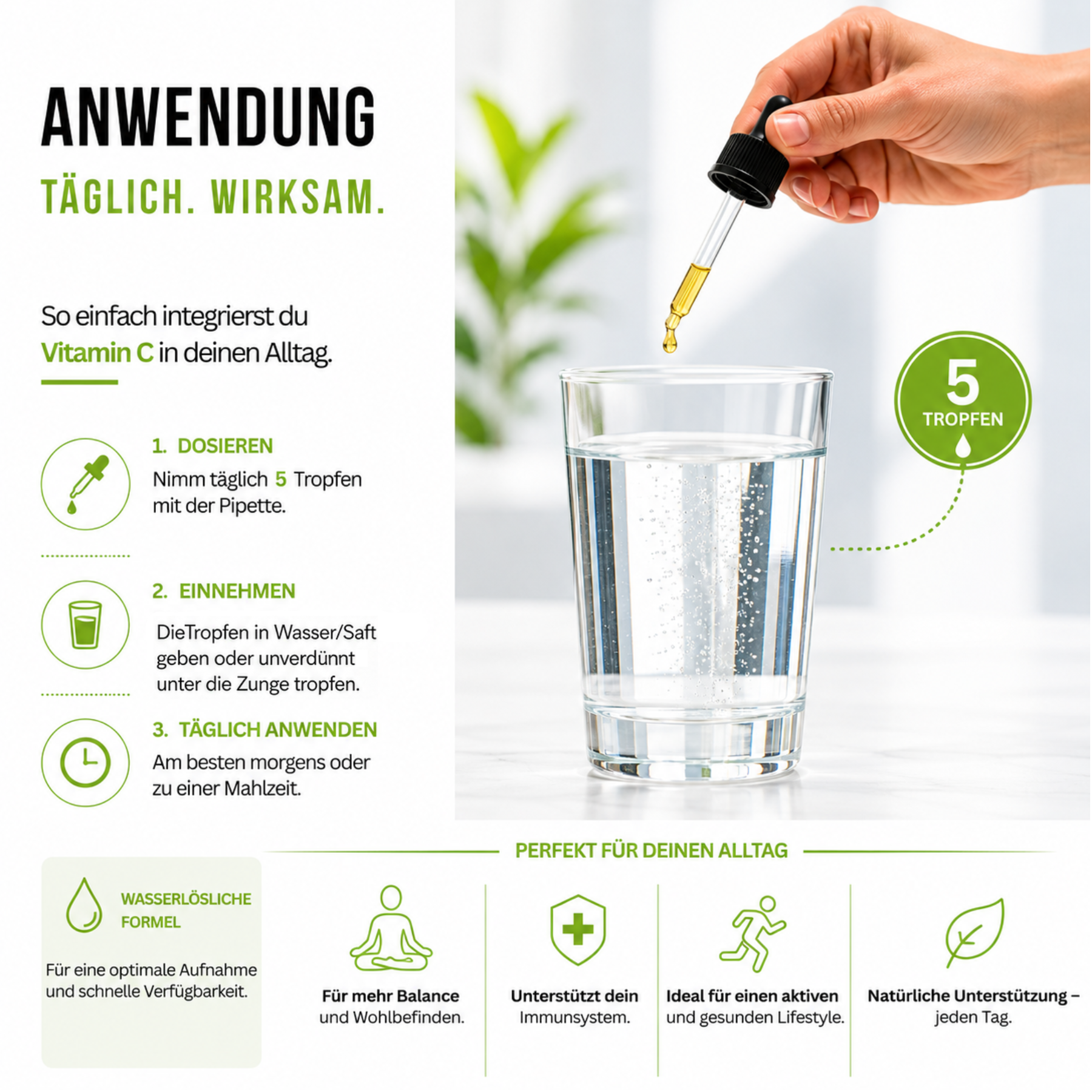 Premium Vitamin C Tropfen für die Unterstützung des Immunsystems, des Energiestoffwechsels und des allgemeinen Wohlbefindens.